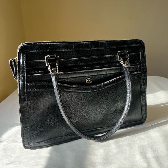 Vintage Cornell Vegan Leather Handbag Black Structured Satchel Gold Hardware - Picture 8 of 9